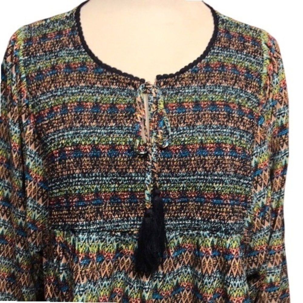 New Direction Top Womens XL Boho Geometric Smocked Tassel Rayon Multicolor tunic